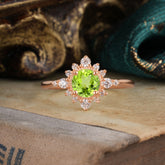Vintage Round Cut Cluster Peridot Wedding Ring Flower Engagement Ring